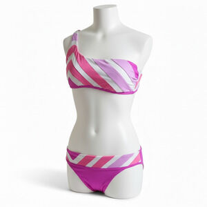 BECCA One Shoulder Bandeau Bikini Size Medium Pink Rainbow Stripes